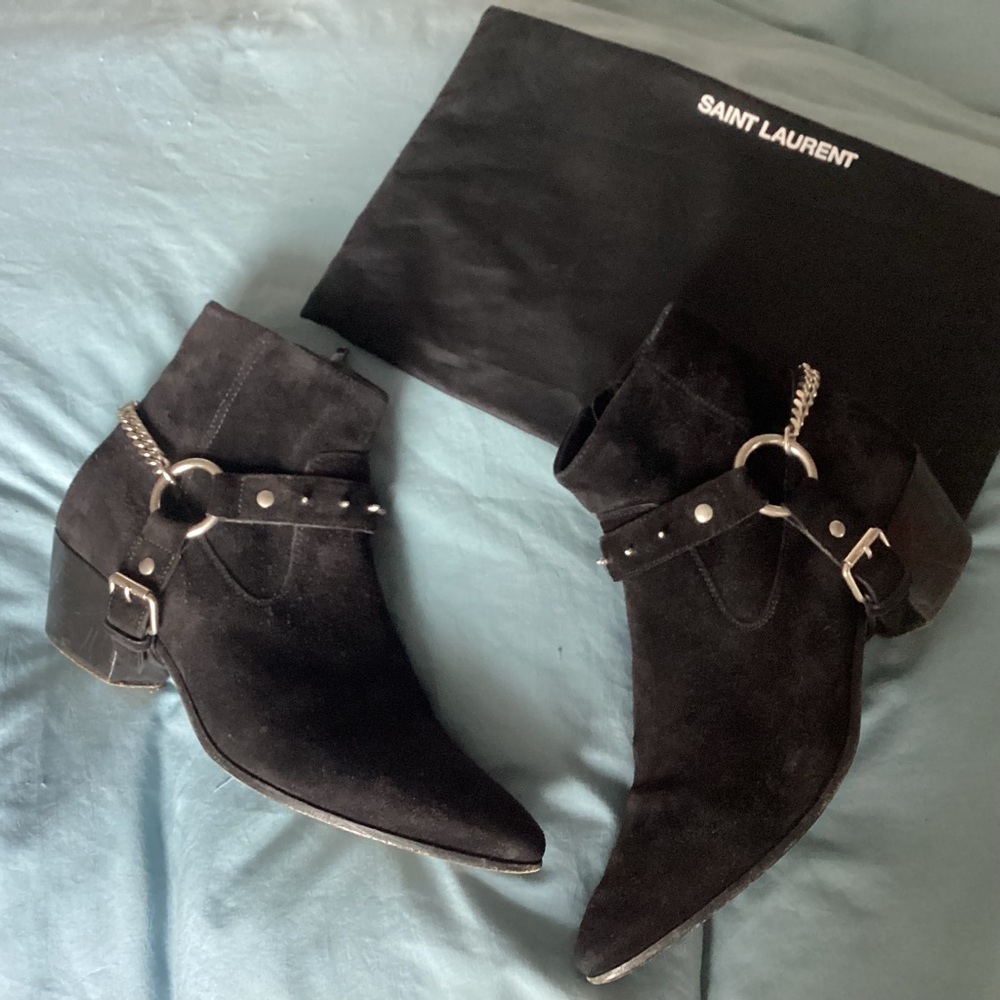 SAINT LAURENT SUEDE LEATHER WESTERN CHAIN HARNESS SPIKE BOOTIES SZ EUR 37.5 US 7